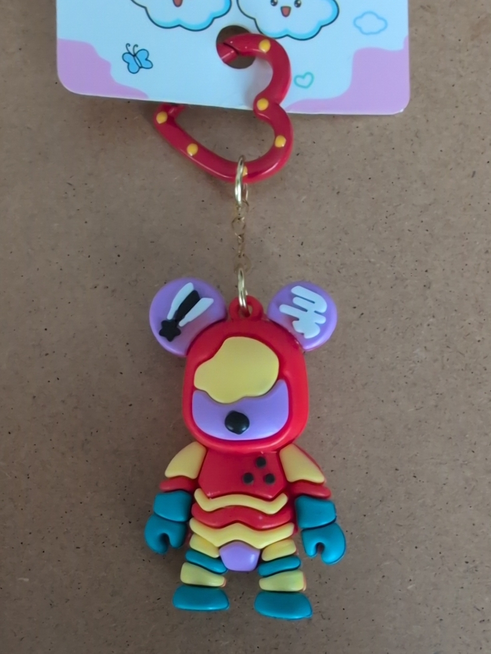 Colorful Bear Doll Keychain - Red & Teal Silicone Charm
